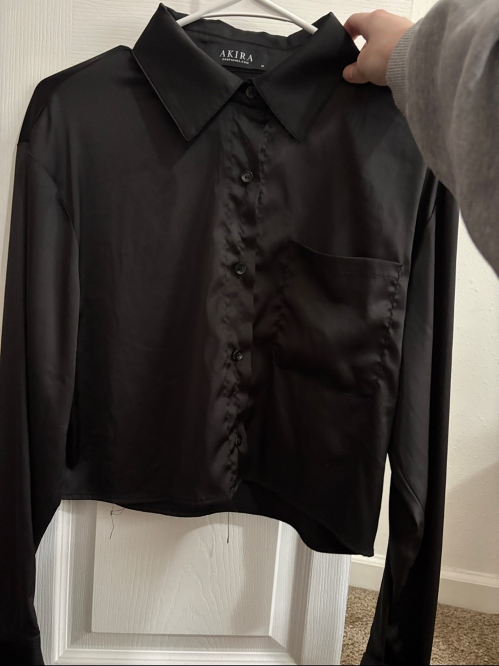 AKIRA Black Satin Long-Sleeve Button Down Shirt